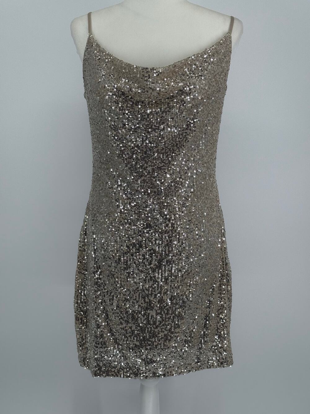 Steve Madden Champagne Silver Sequin Cowl Neck Mini Dress Large